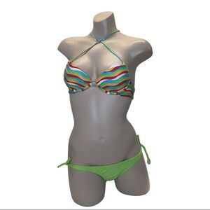 Recco Size Small Brazilian Green & Striped Bikini Set. New With Tags.